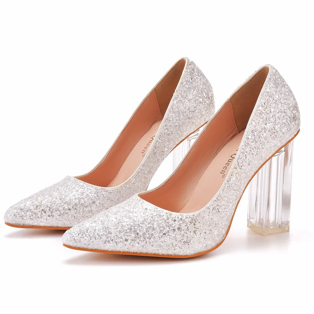 Pointed Toe Satin Crystal Transparent Slip On High Heels