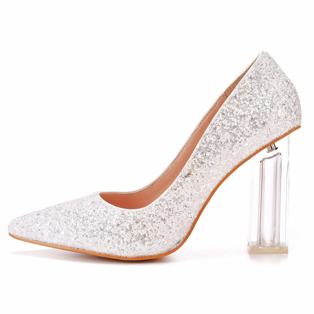 Pointed Toe Satin Crystal Transparent Slip On High Heels