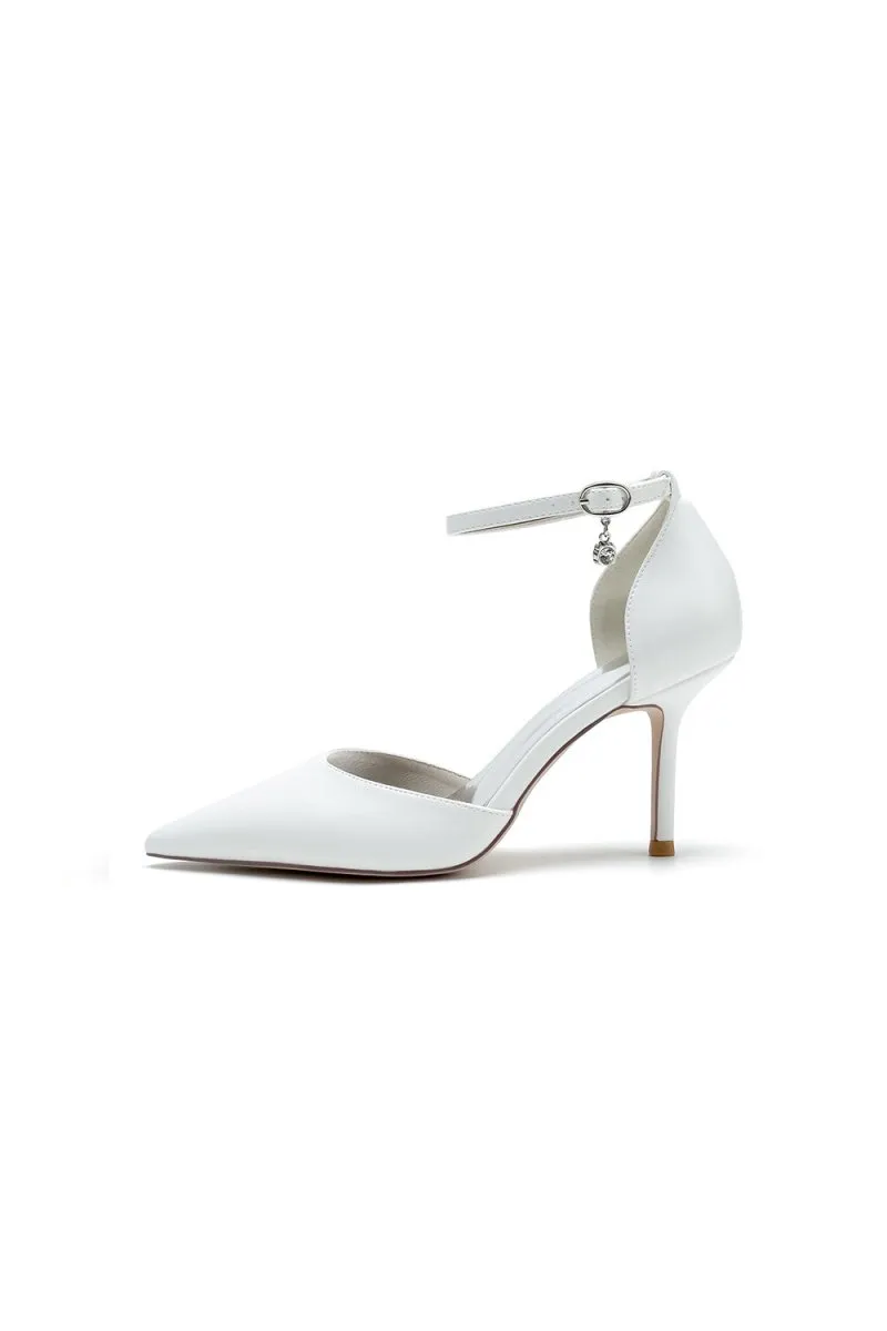 Pointed Toe Sexy Ankle Strap White Satin Wedding Shoes