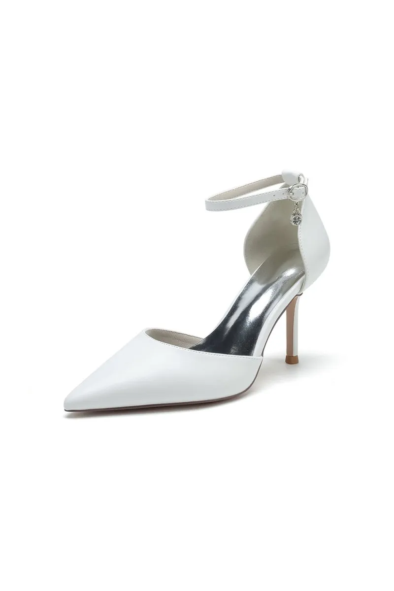 Pointed Toe Sexy Ankle Strap White Satin Wedding Shoes