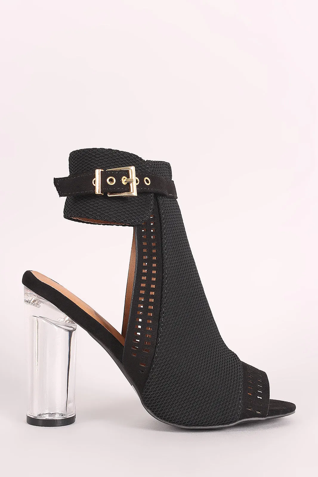 Qupid Perforated Suede Chunky Lucite Heeled Mule Booties