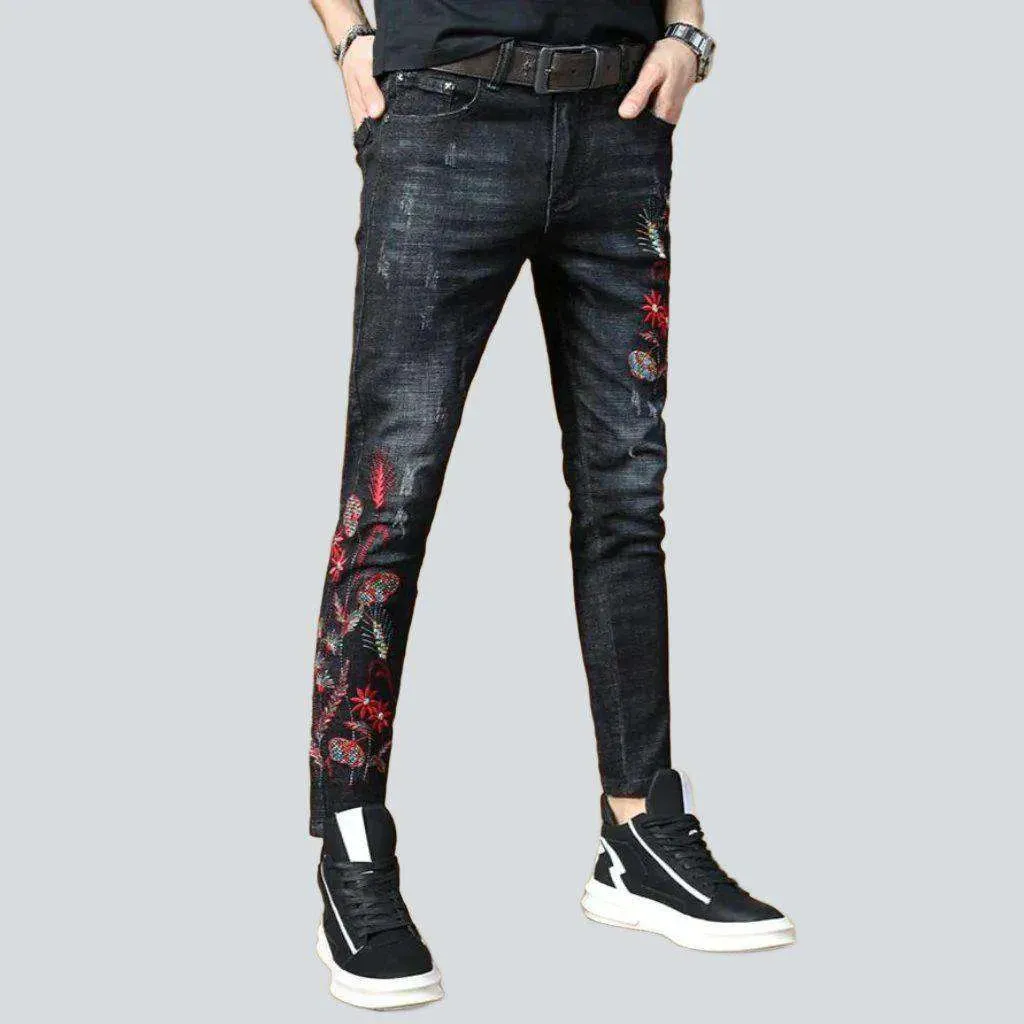 Red embroidery skinny men's jeans