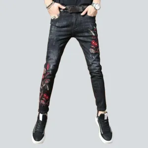 Red embroidery skinny men's jeans