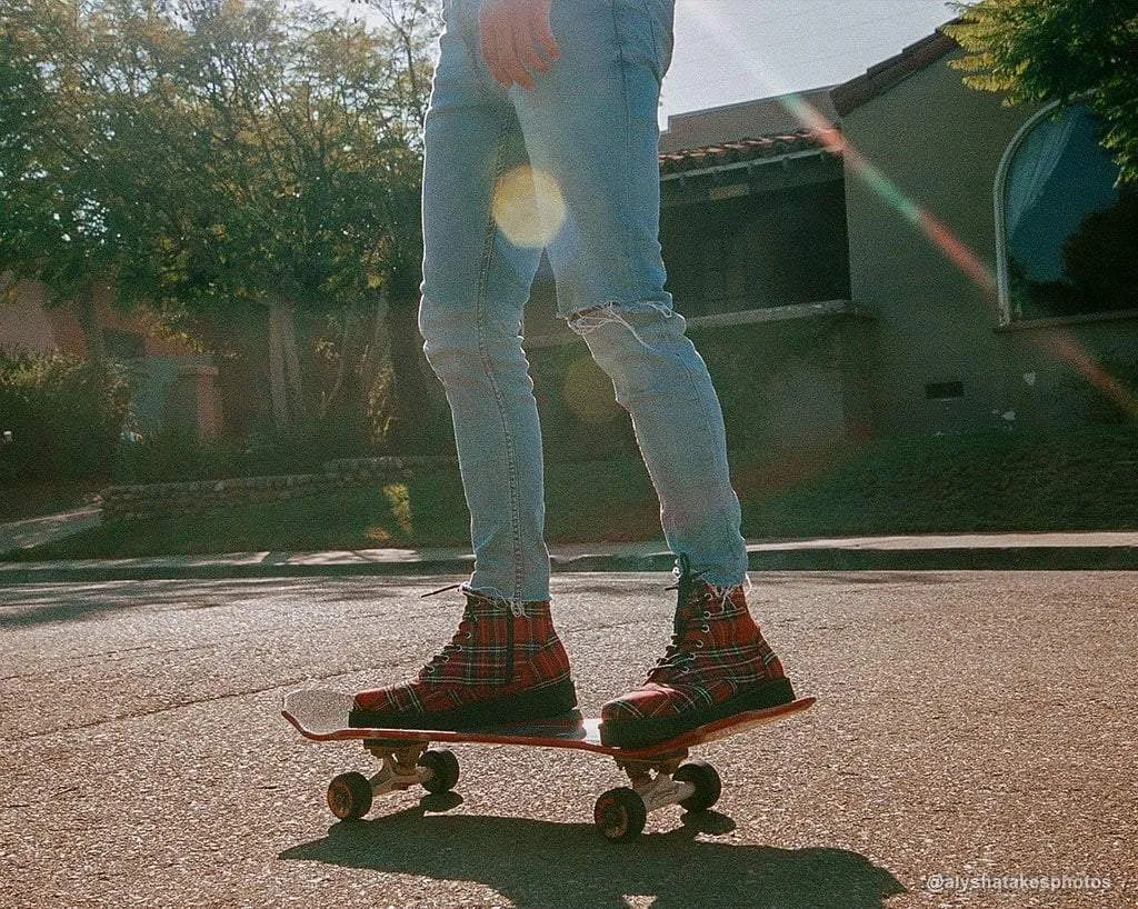 Red Plaid Pointed Lace Up Boot