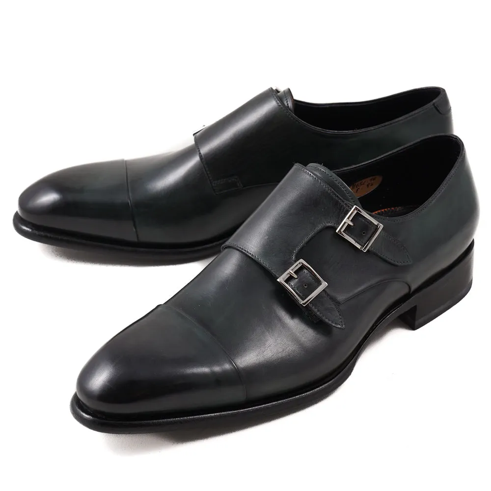 Santoni Double-Buckle Monk Strap in Dark Green