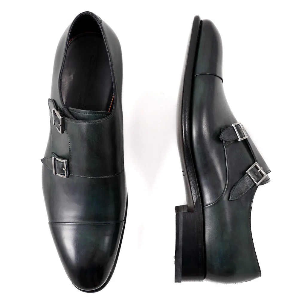 Santoni Double-Buckle Monk Strap in Dark Green