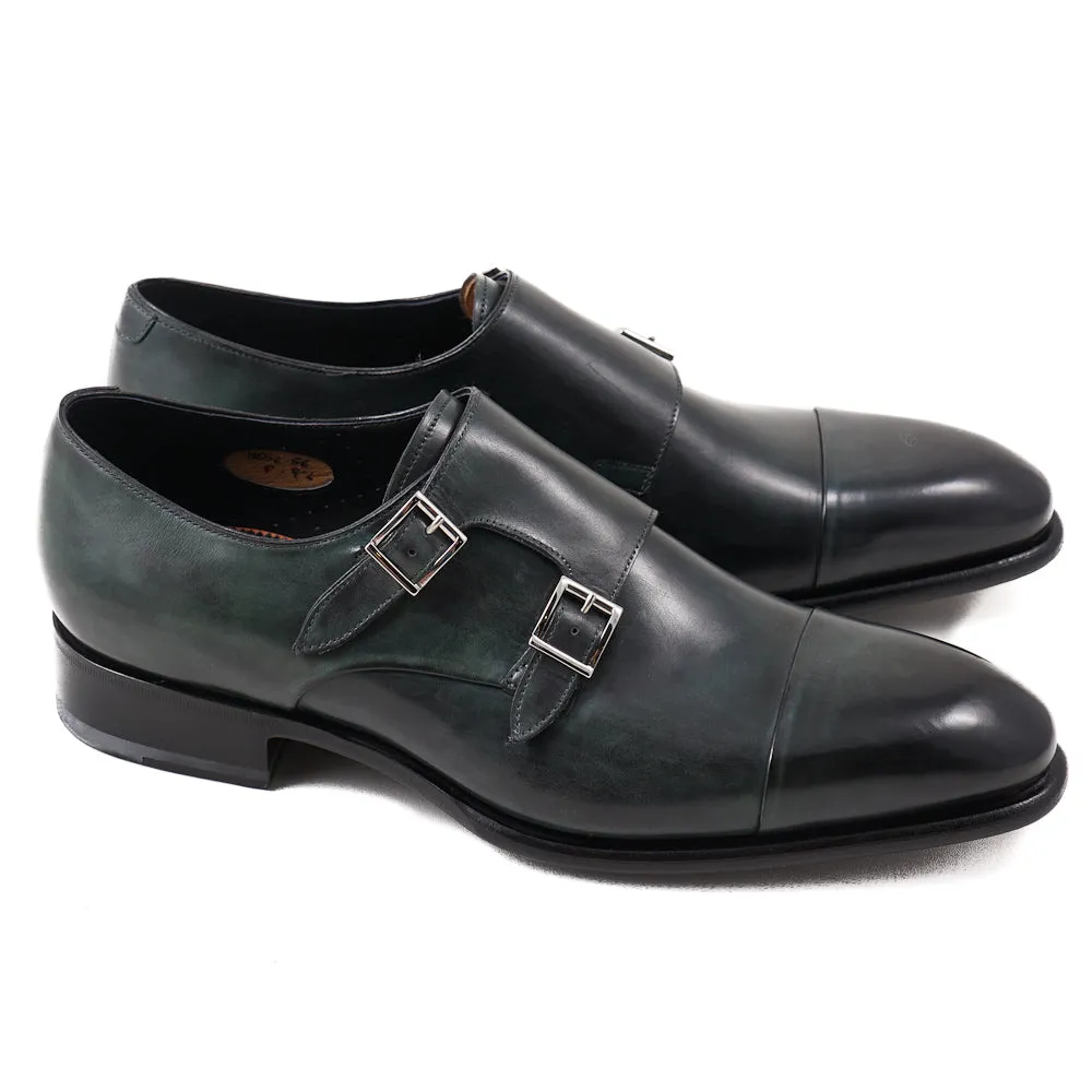 Santoni Double-Buckle Monk Strap in Dark Green