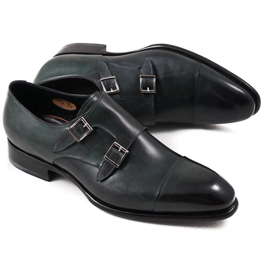 Santoni Double-Buckle Monk Strap in Dark Green