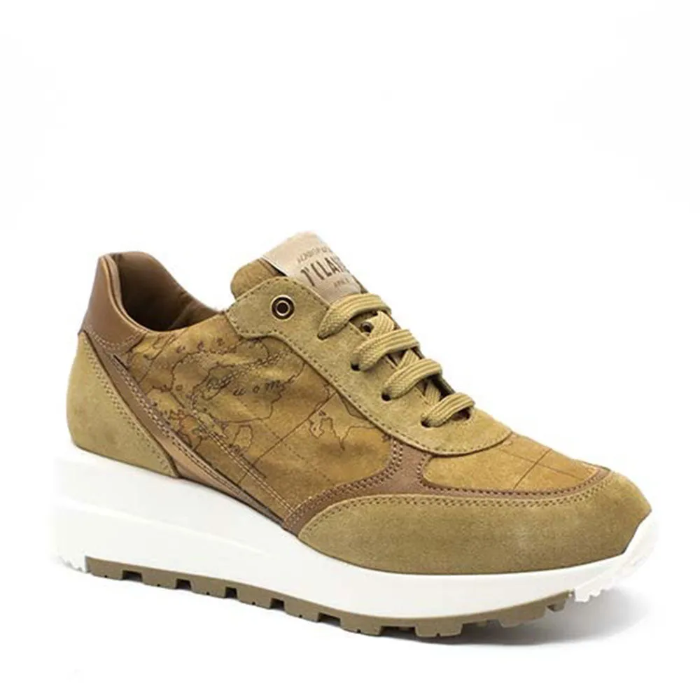 Scarpe Donna 1A Classe Alviero Martini Sneakers in Suede Ambra e Dettagli in Tessuto Geo 1355