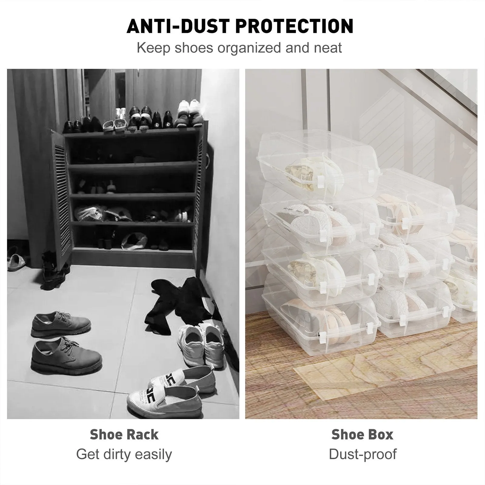 Set of 4 Shoe Storage Box Clear Plastic Stackable Shoe Organizer with Lids, White