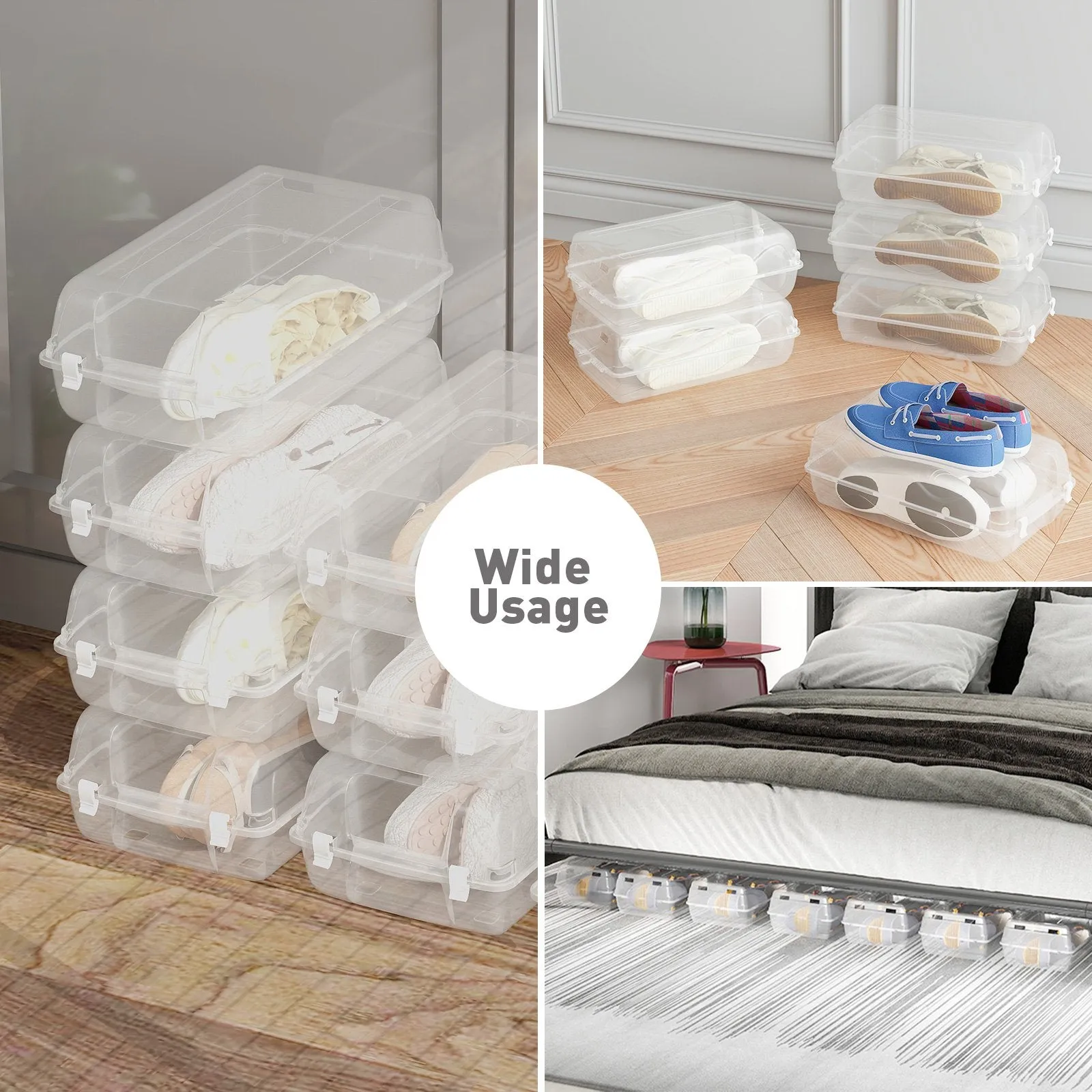 Set of 4 Shoe Storage Box Clear Plastic Stackable Shoe Organizer with Lids, White