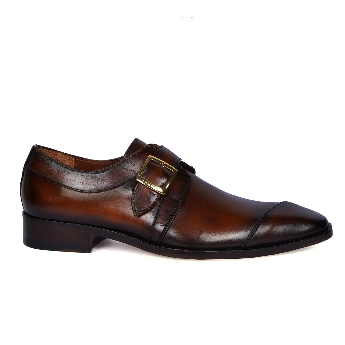 Single Monk Formal Shoes in Espresso Leather Slant Cap Toe Laser Engraved Top Line By Brune & Bareskin