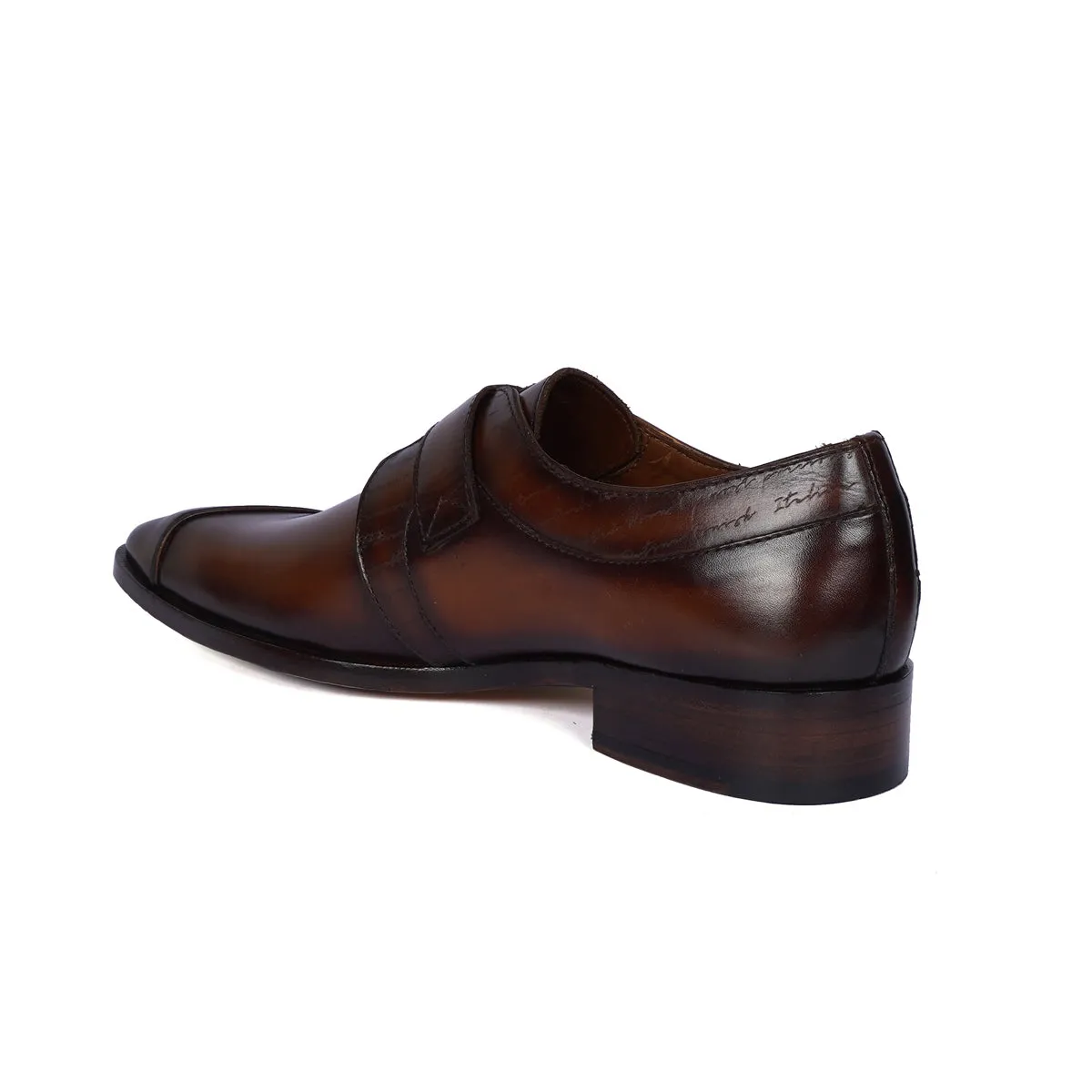 Single Monk Formal Shoes in Espresso Leather Slant Cap Toe Laser Engraved Top Line By Brune & Bareskin