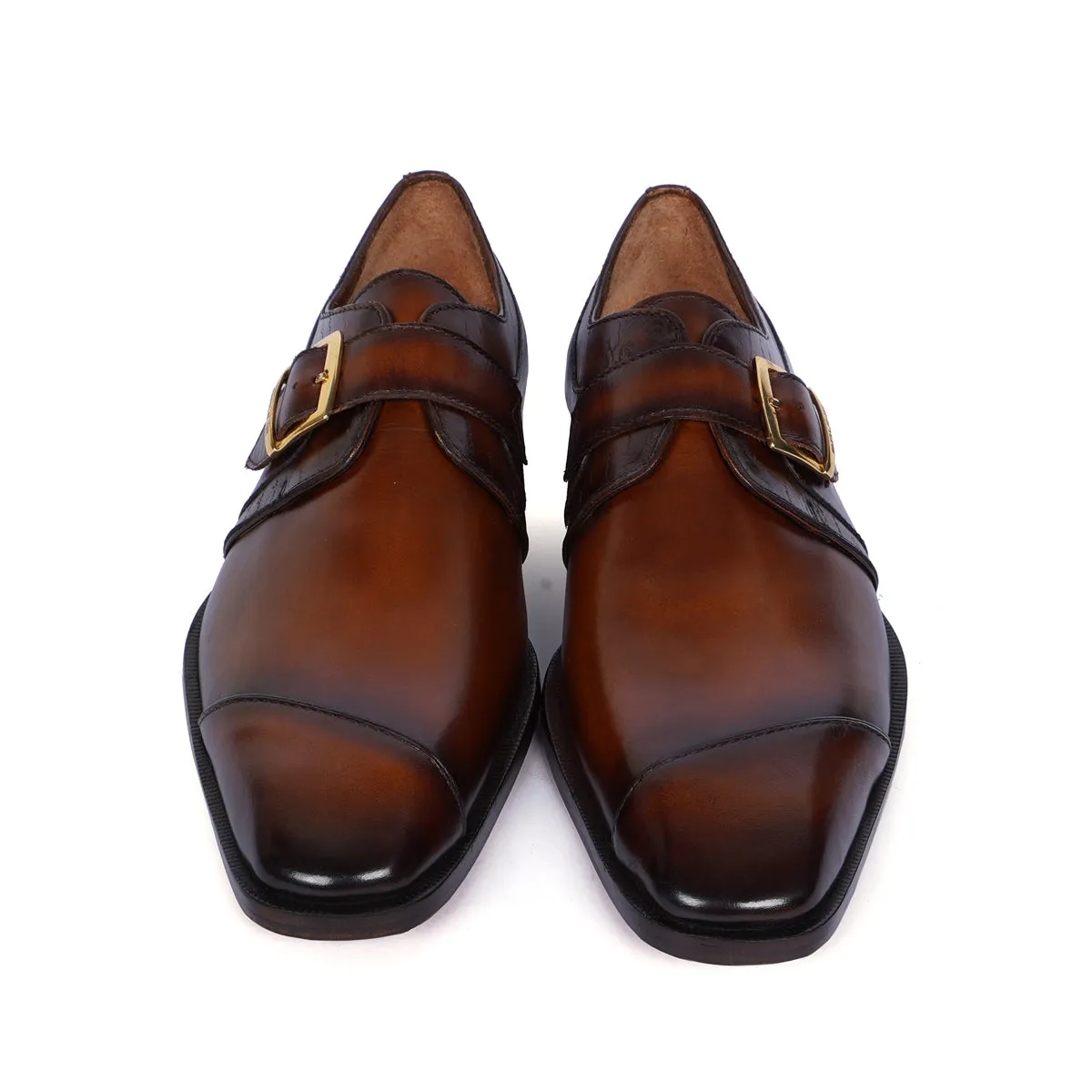 Single Monk Formal Shoes in Espresso Leather Slant Cap Toe Laser Engraved Top Line By Brune & Bareskin