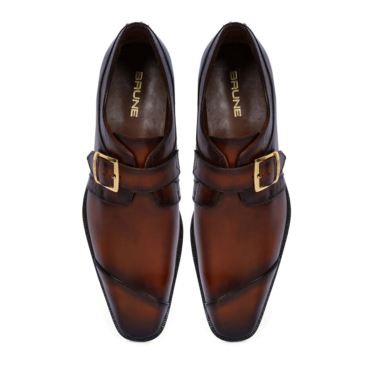 Single Monk Formal Shoes in Espresso Leather Slant Cap Toe Laser Engraved Top Line By Brune & Bareskin