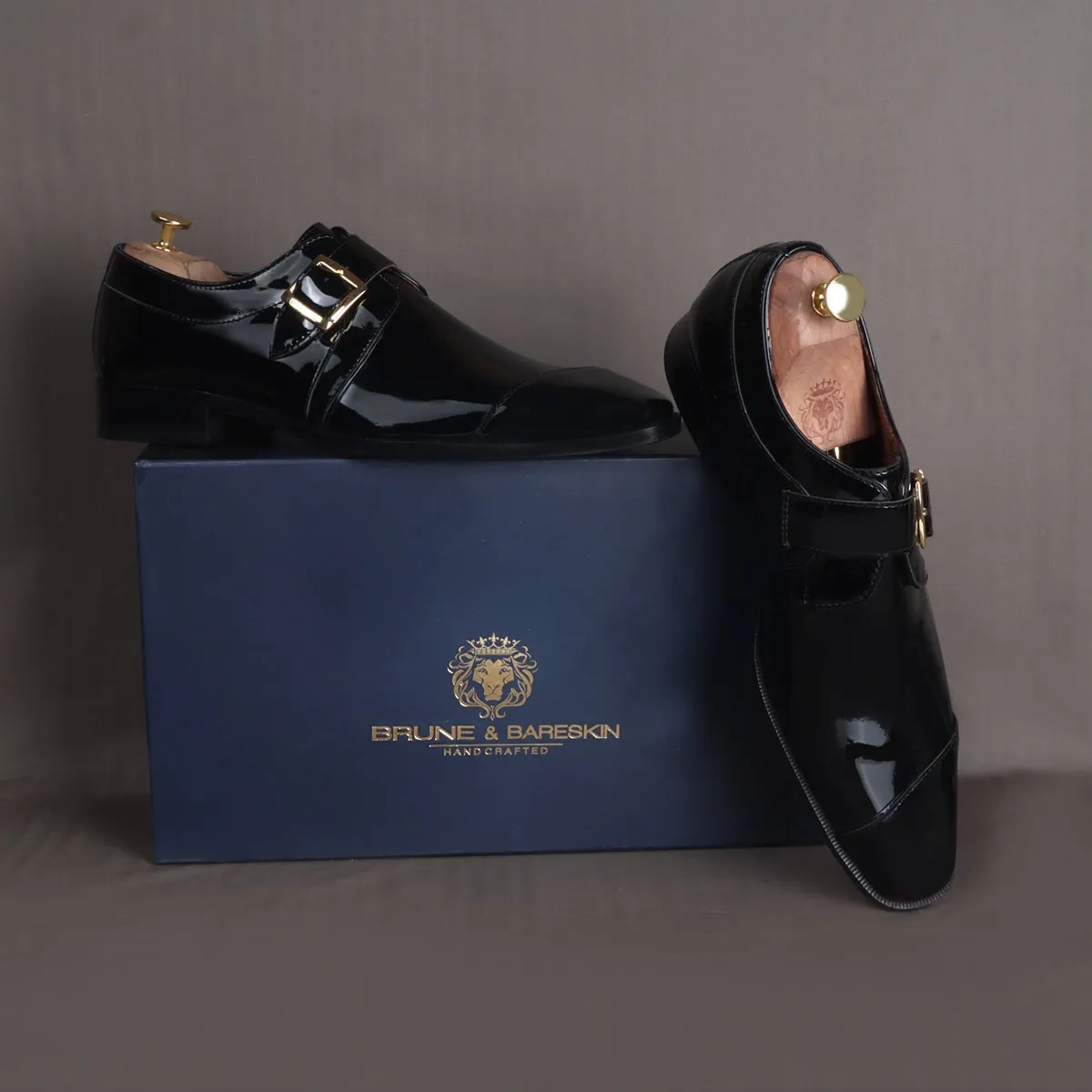 Slant Cap Toe Single Monk Formal Shoes in Black Patent Leather By Brune & Bareskin