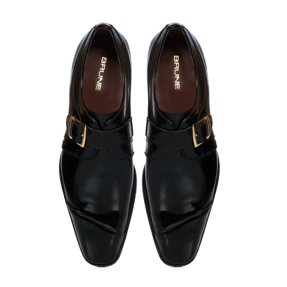 Slant Cap Toe Single Monk Formal Shoes in Black Patent Leather By Brune & Bareskin