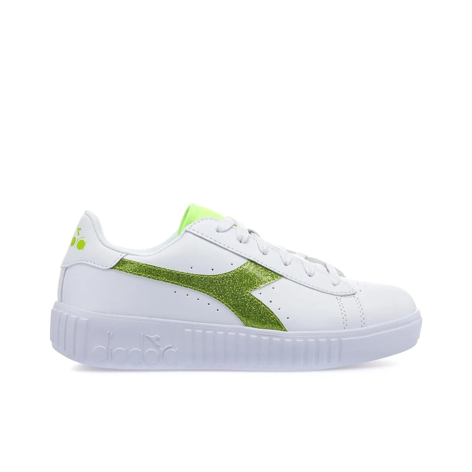 Sneakers tennis bianche da ragazza game step con dettaglio verde glitter