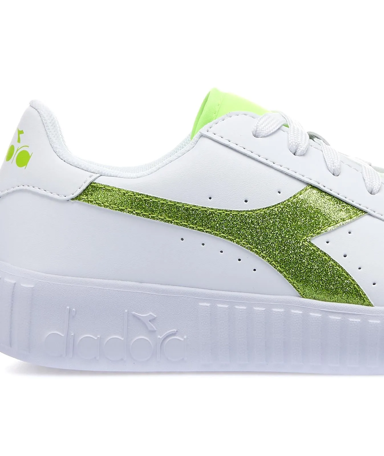 Sneakers tennis bianche da ragazza game step con dettaglio verde glitter