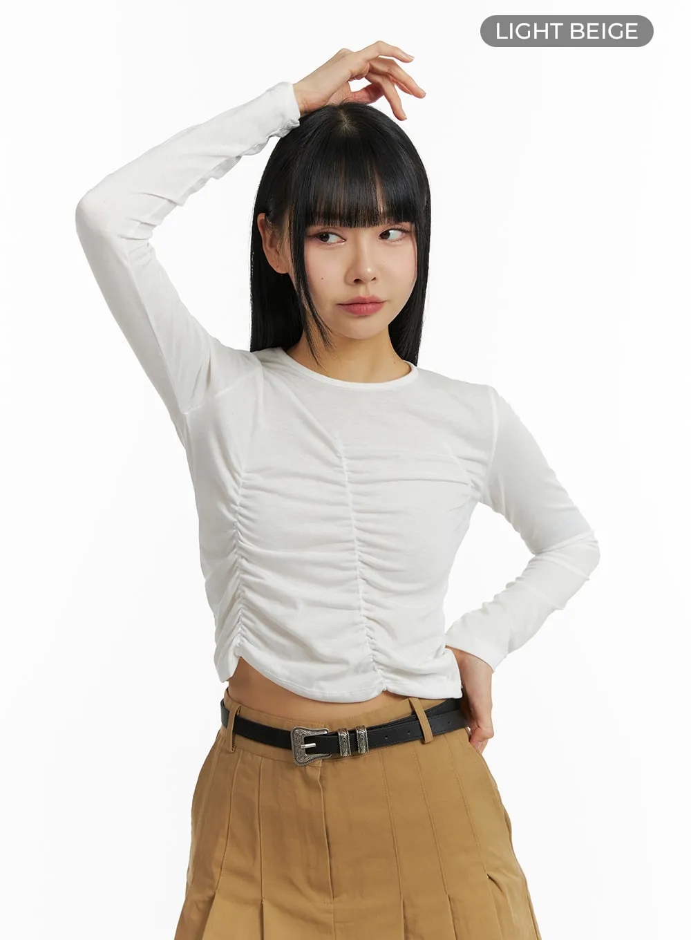 Solid Round Neck Ruched Long Sleeve Top CM407