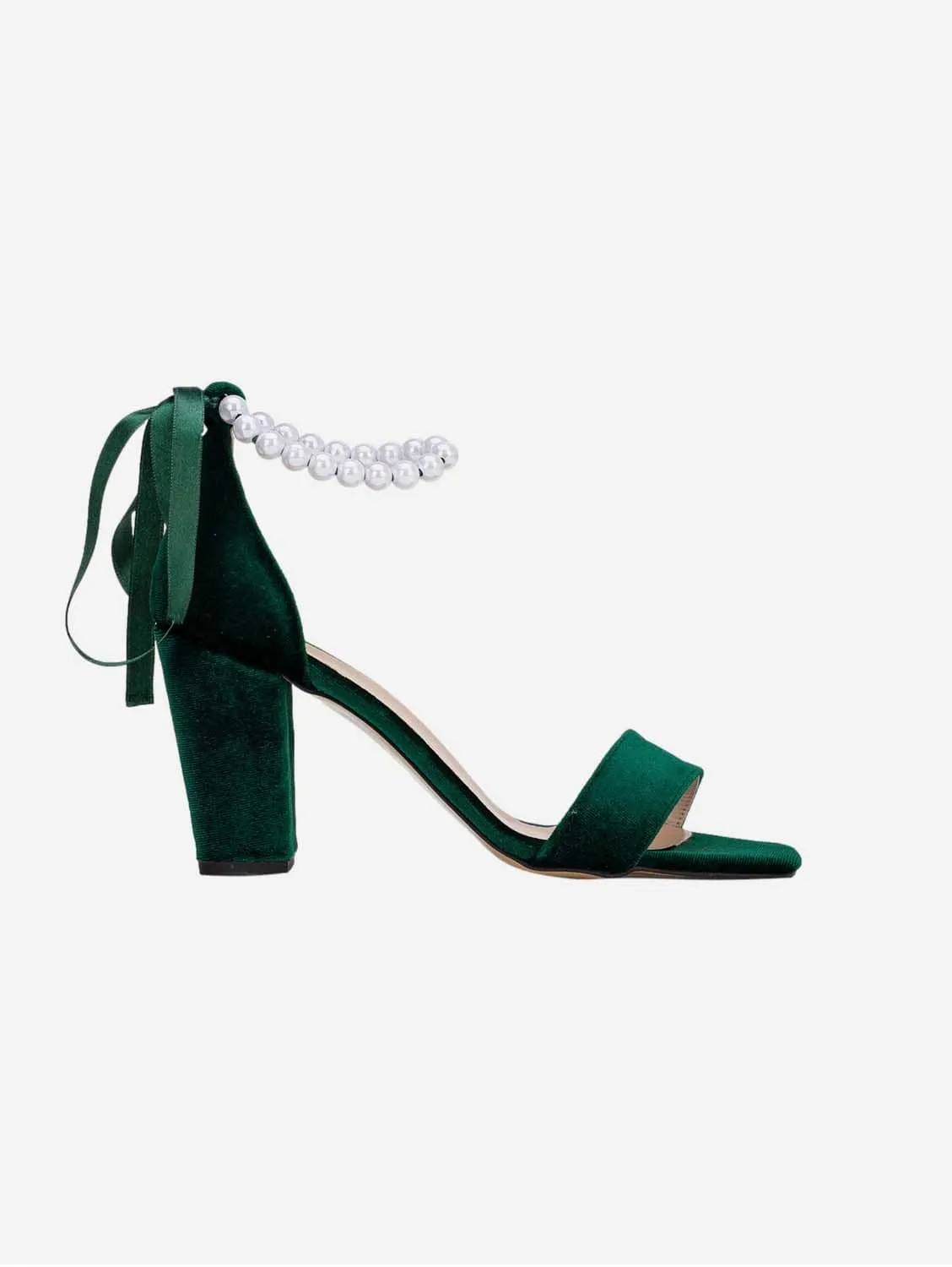 Sophia Vegan Velvet Pearl Heeled Sandals | Green