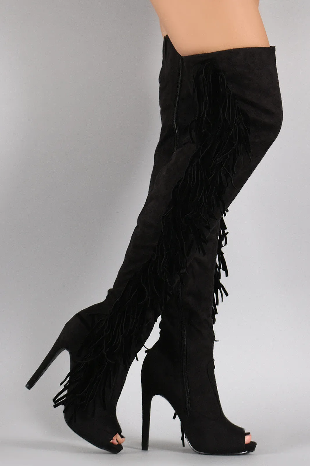 Suede Side Fringe Peep Toe Over-The-Knee Stiletto Boots