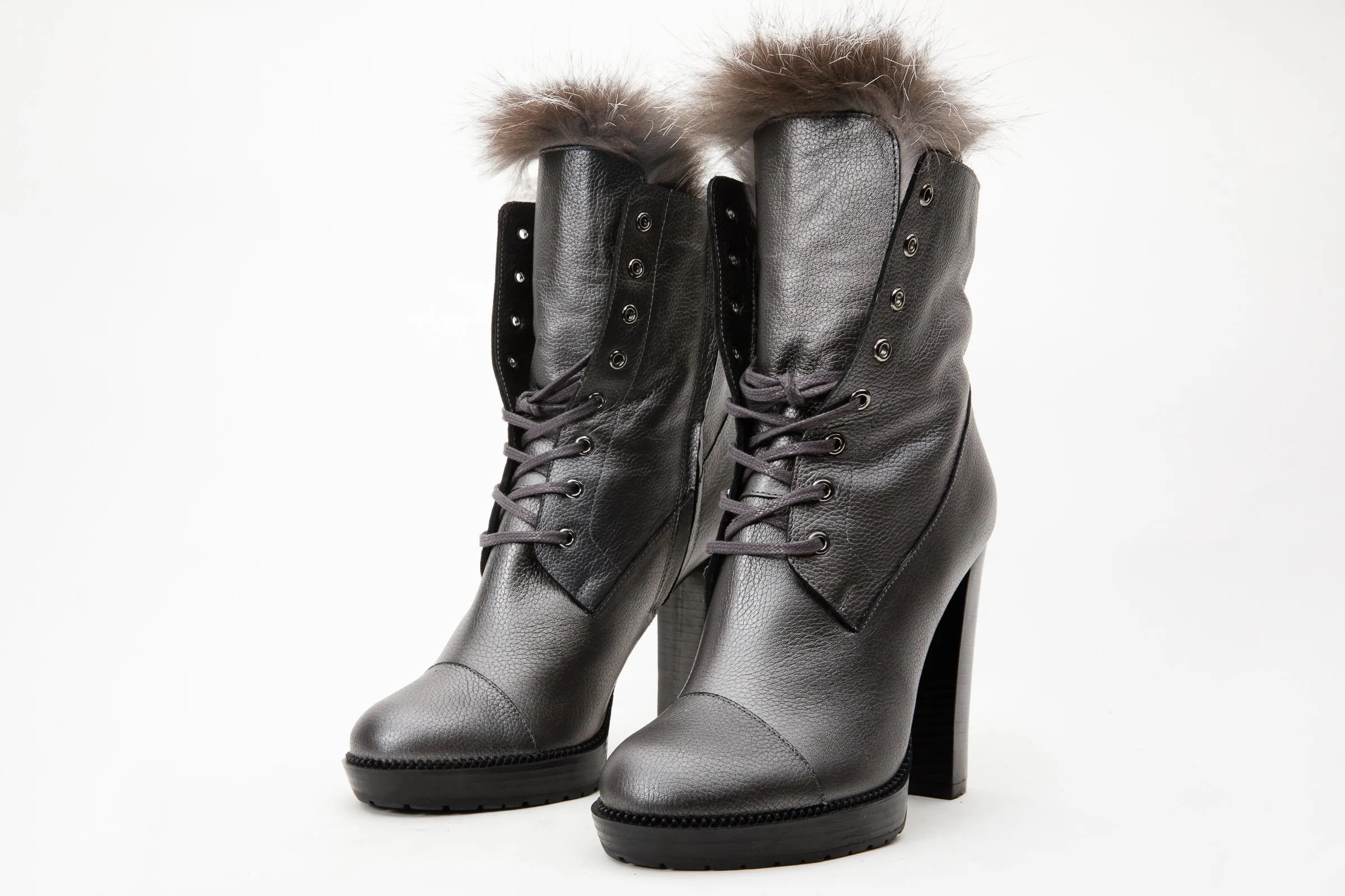 The Melo Gray Leather Natural Fur Mid Calf Platform Heel Women Boot