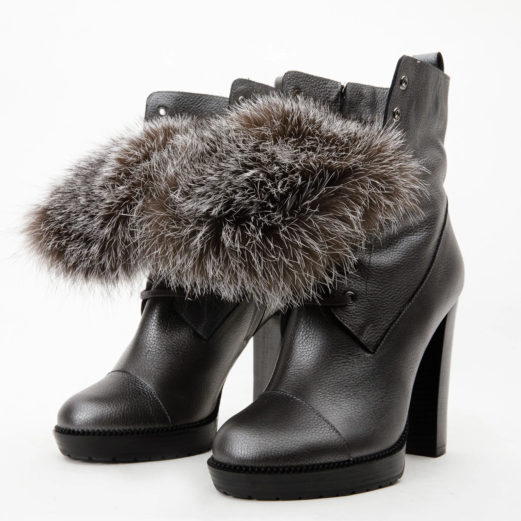 The Melo Gray Leather Natural Fur Mid Calf Platform Heel Women Boot