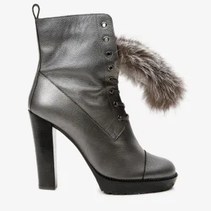 The Melo Gray Leather Natural Fur Mid Calf Platform Heel Women Boot