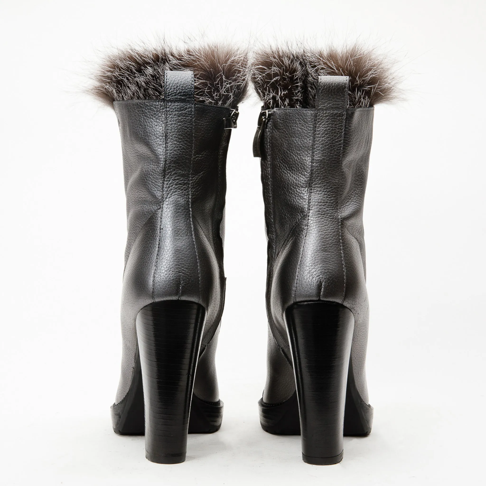 The Melo Gray Leather Natural Fur Mid Calf Platform Heel Women Boot