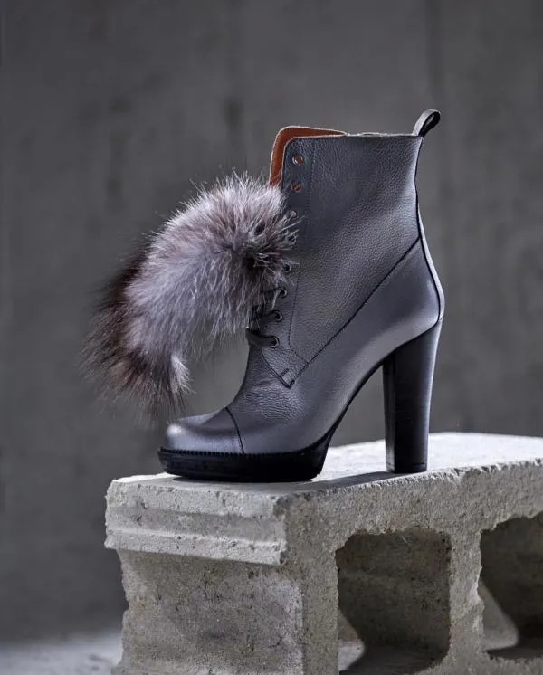 The Melo Gray Leather Natural Fur Mid Calf Platform Heel Women Boot