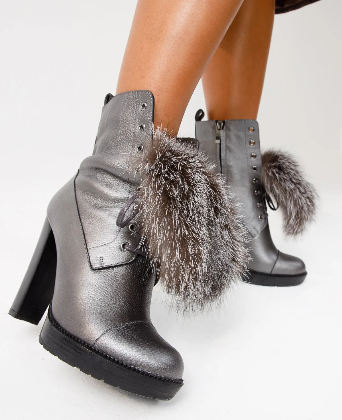 The Melo Gray Leather Natural Fur Mid Calf Platform Heel Women Boot