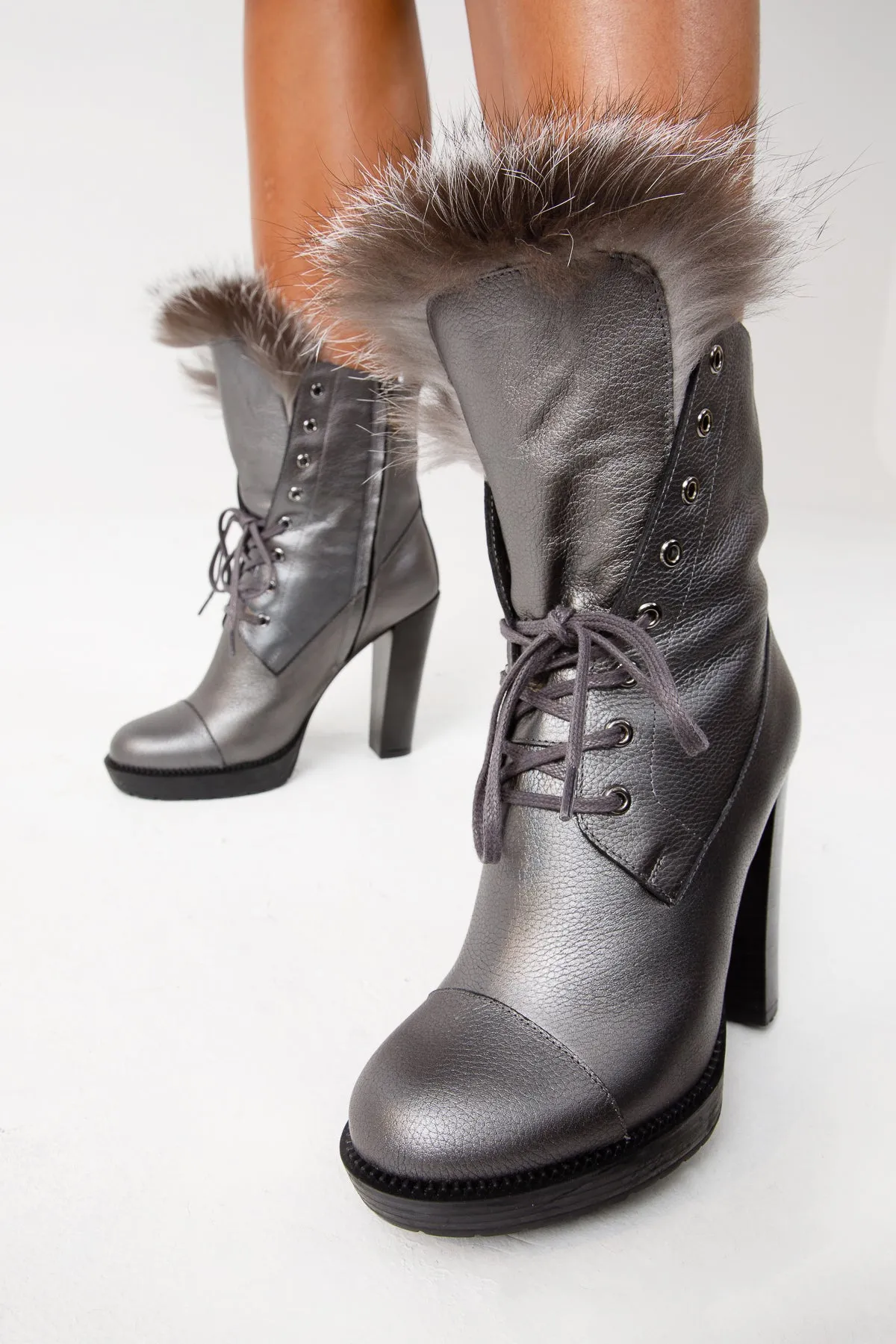 The Melo Gray Leather Natural Fur Mid Calf Platform Heel Women Boot