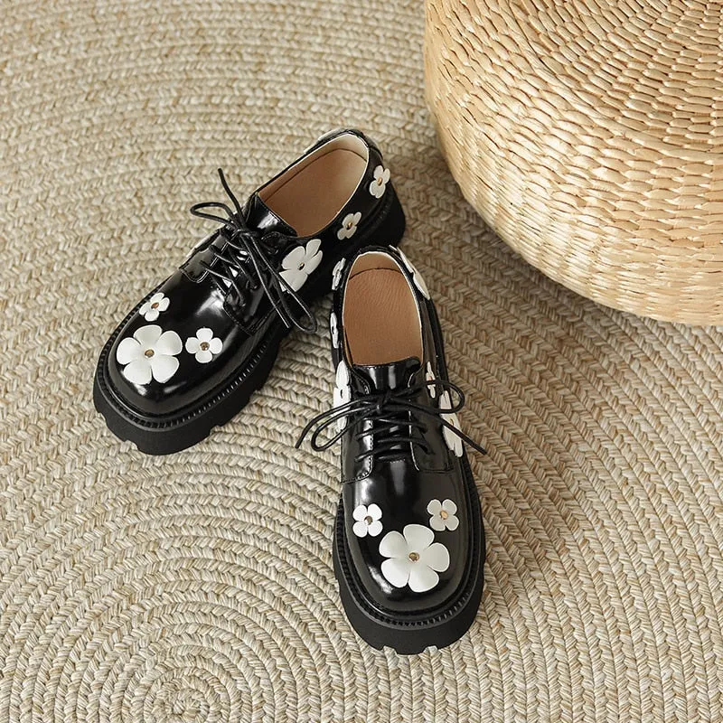 Thick Bottom Black Leather Loafers with White Leather Daisy Appliqués