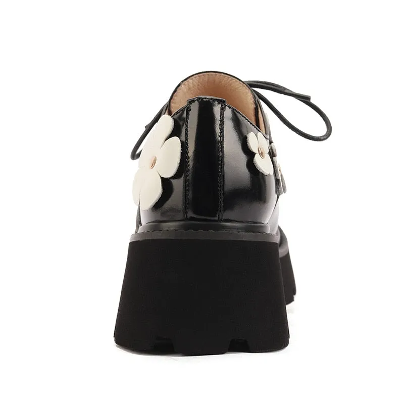 Thick Bottom Black Leather Loafers with White Leather Daisy Appliqués