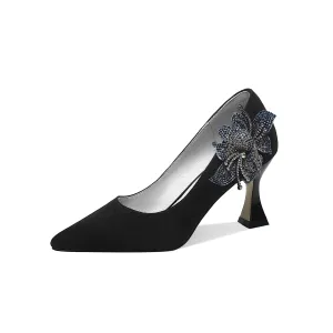 TinaCus Women's Suede Leather Handmade Clear Pointed Toe Glitter Blue Flower Decor Slip On High Spool Heel Pump Shoes