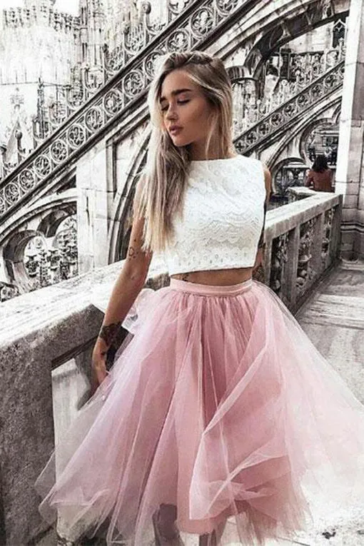 Two-Piece Bateau Knee Length Pink Homecoming Dresses With Lace PDA058