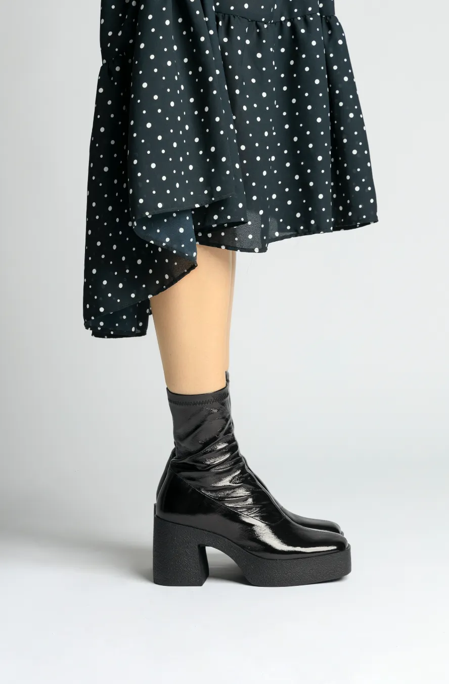 Umi Black Stretch Patent Chunky Ankle Boots