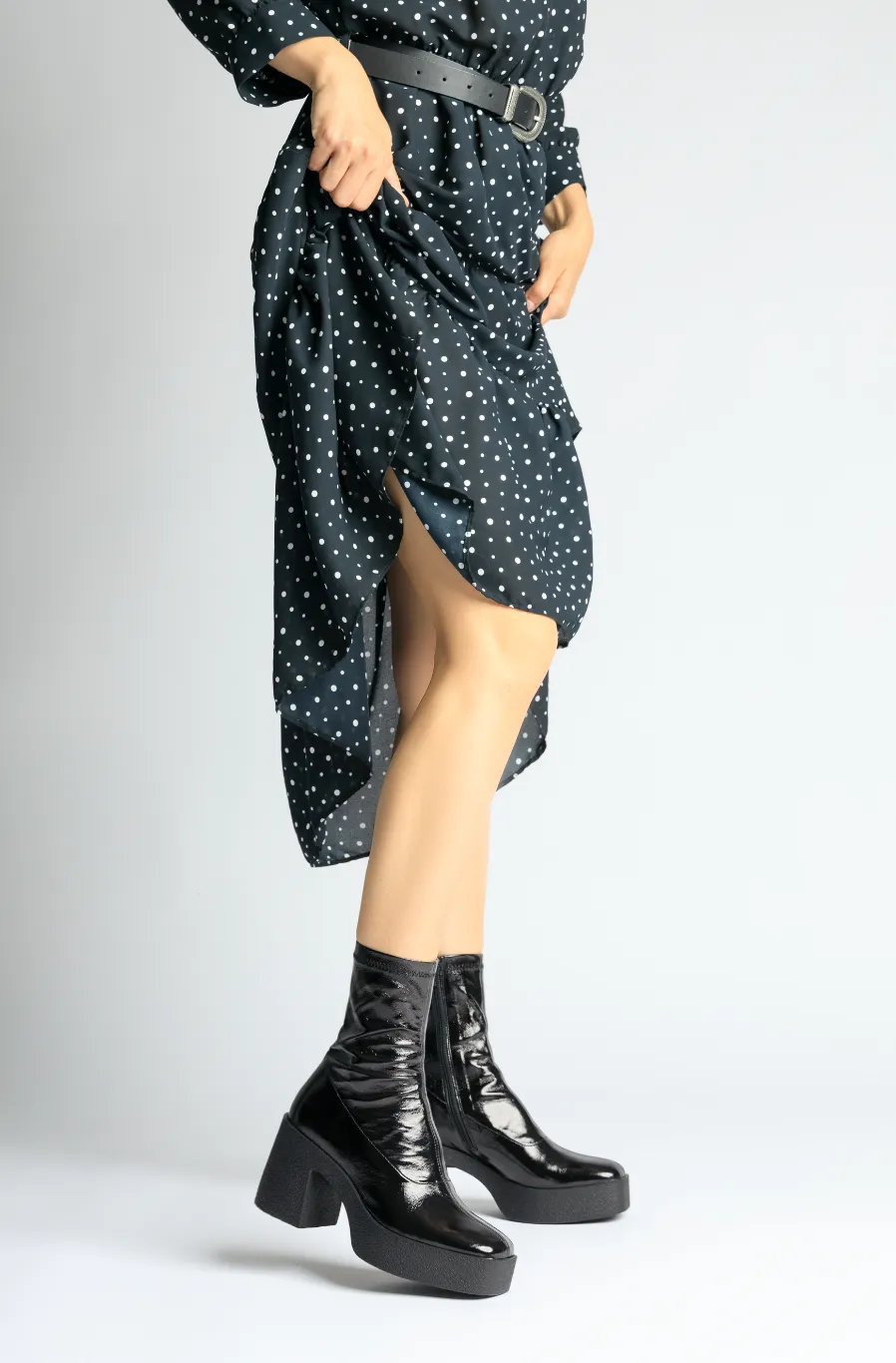 Umi Black Stretch Patent Chunky Ankle Boots