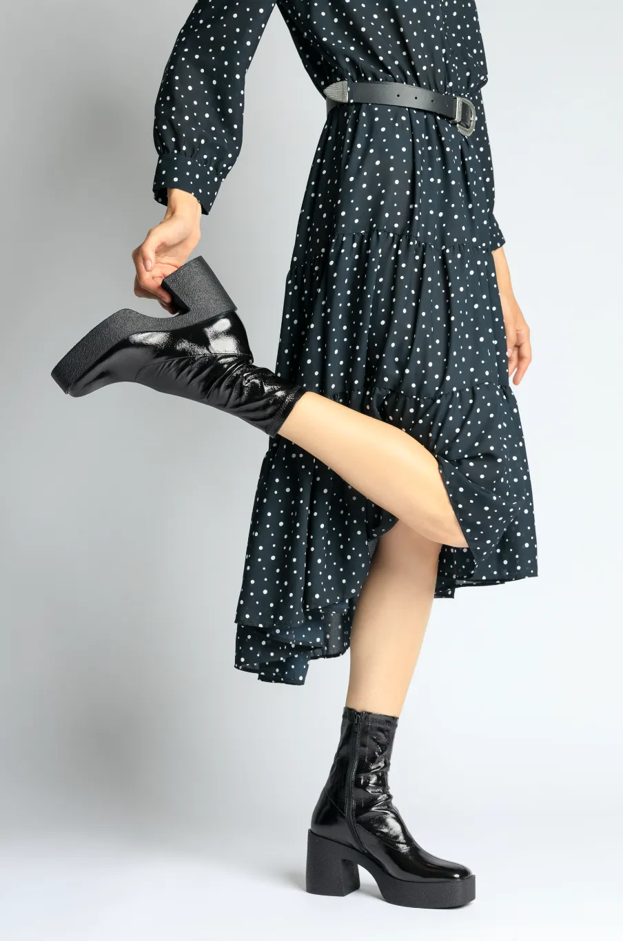 Umi Black Stretch Patent Chunky Ankle Boots