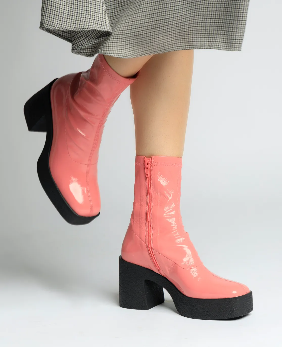 Umi Flamingo Pink Stretch Patent Chunky Ankle Boots