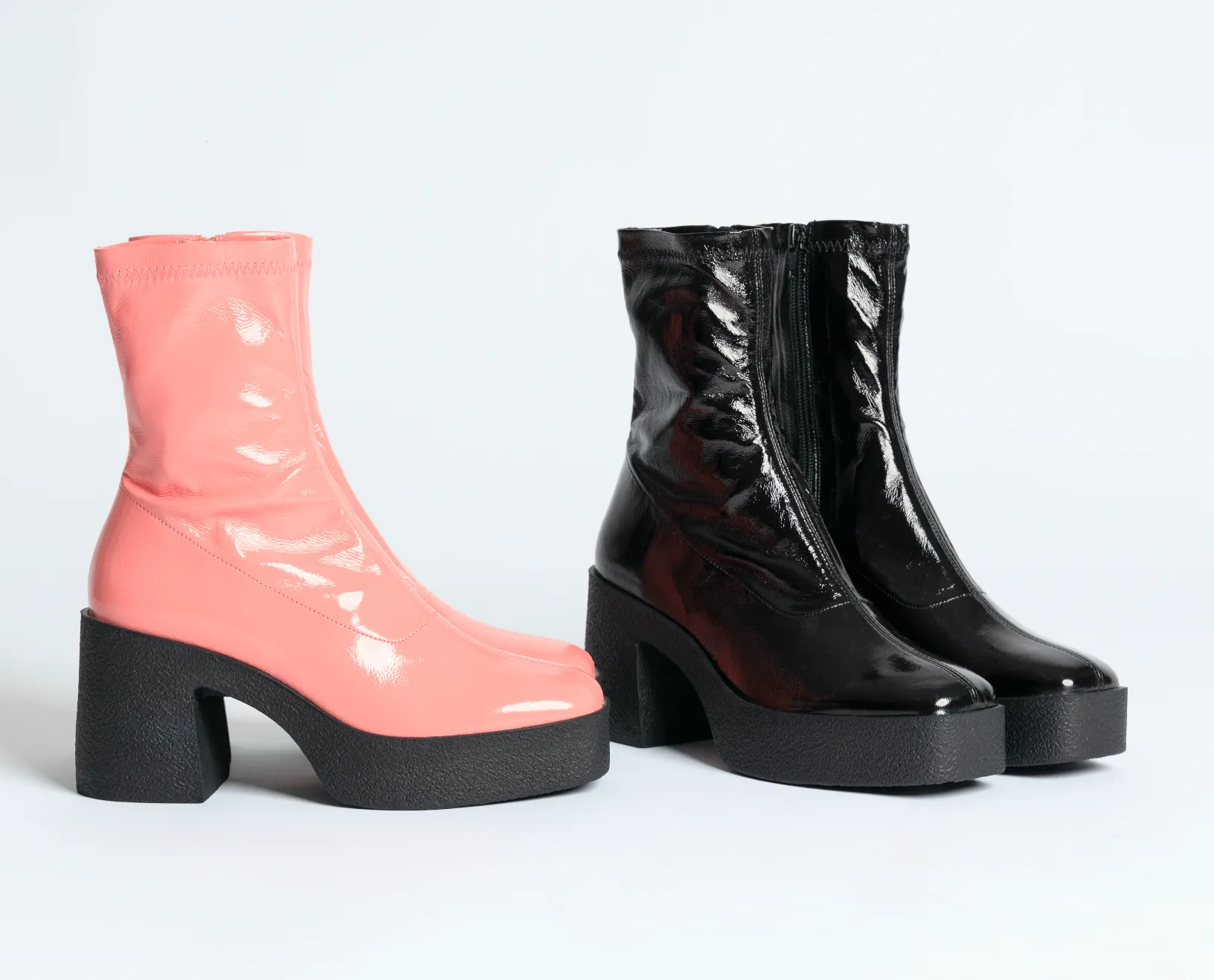 Umi Flamingo Pink Stretch Patent Chunky Ankle Boots