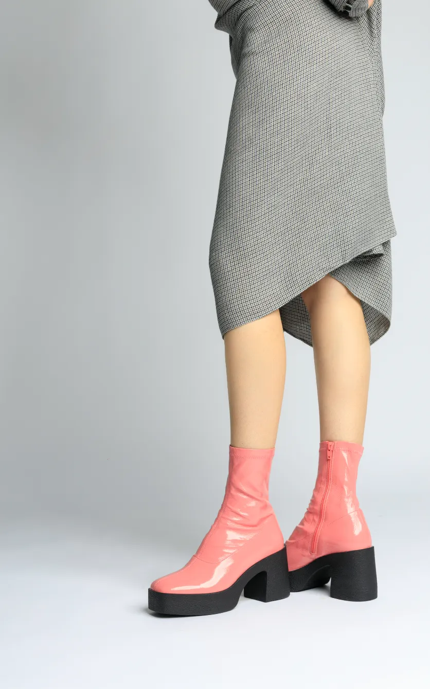 Umi Flamingo Pink Stretch Patent Chunky Ankle Boots