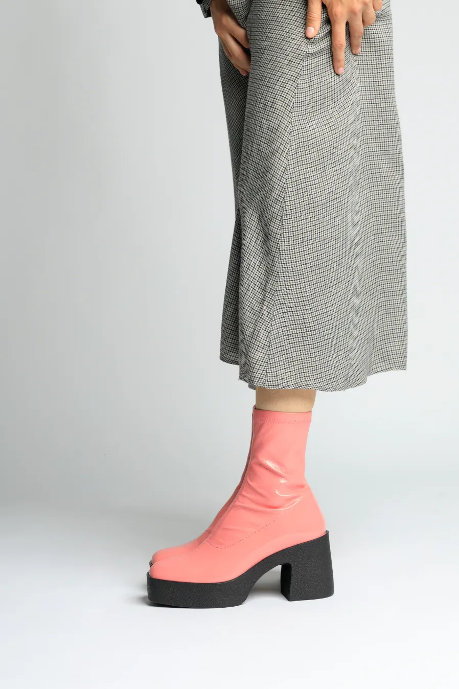 Umi Flamingo Pink Stretch Patent Chunky Ankle Boots