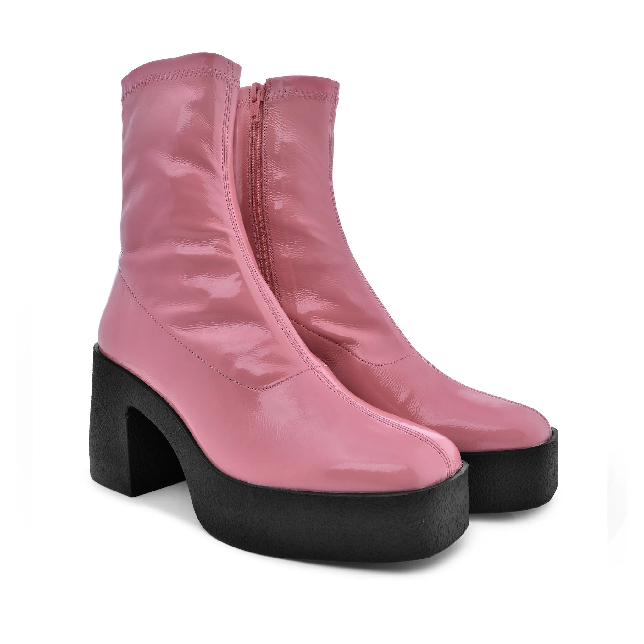 Umi Flamingo Pink Stretch Patent Chunky Ankle Boots