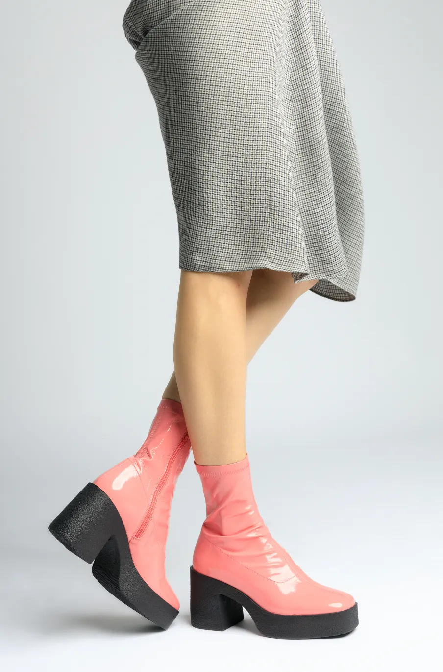 Umi Flamingo Pink Stretch Patent Chunky Ankle Boots