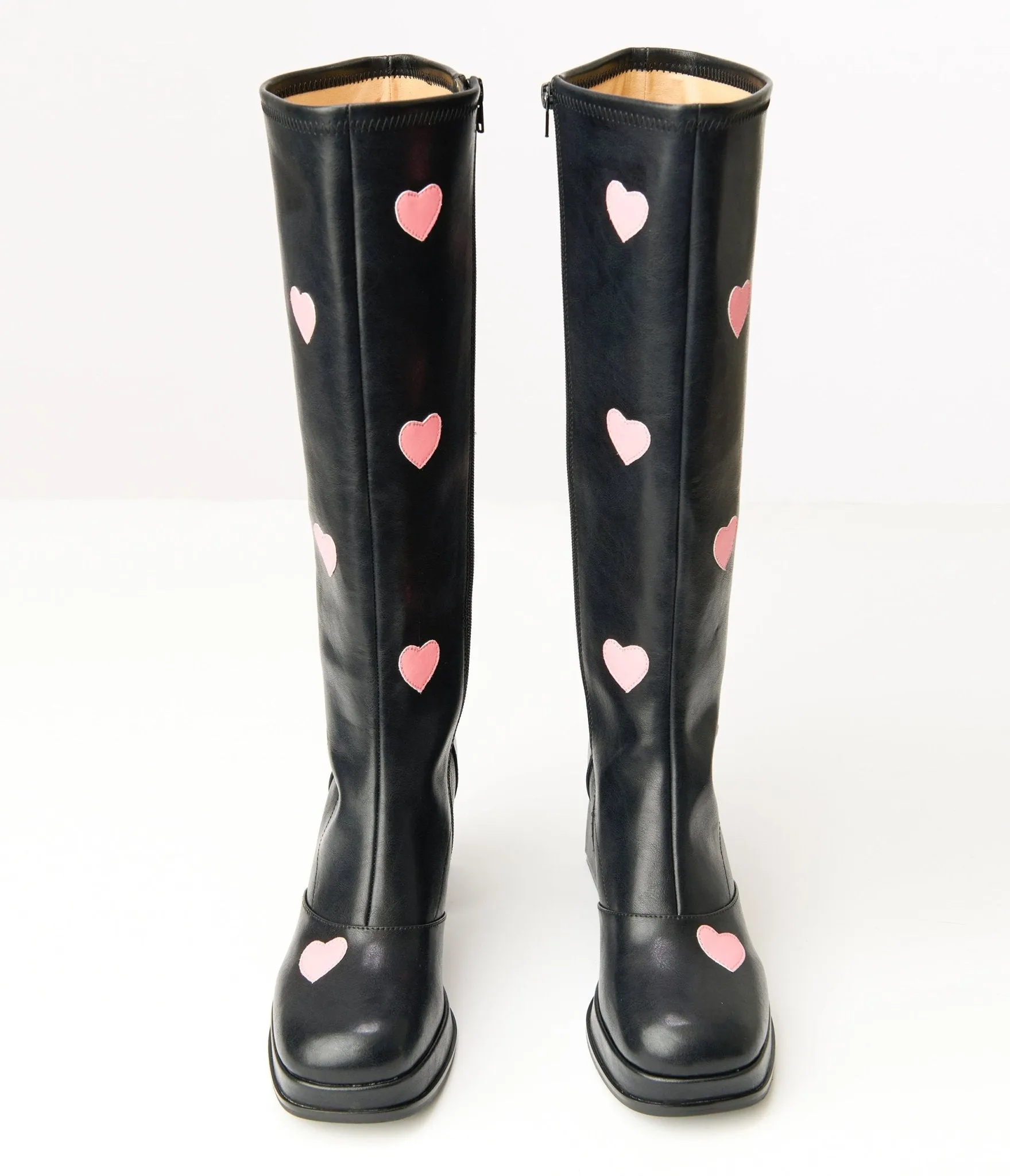 Unique Vintage Black & Pink Hearts Leatherette Knee High Boots