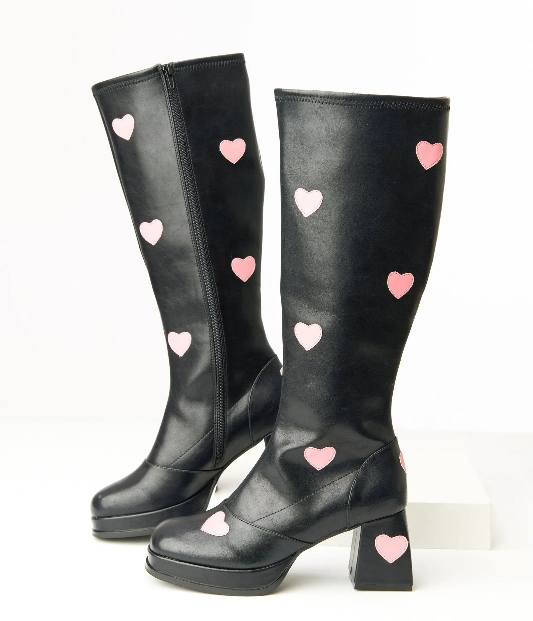 Unique Vintage Black & Pink Hearts Leatherette Knee High Boots