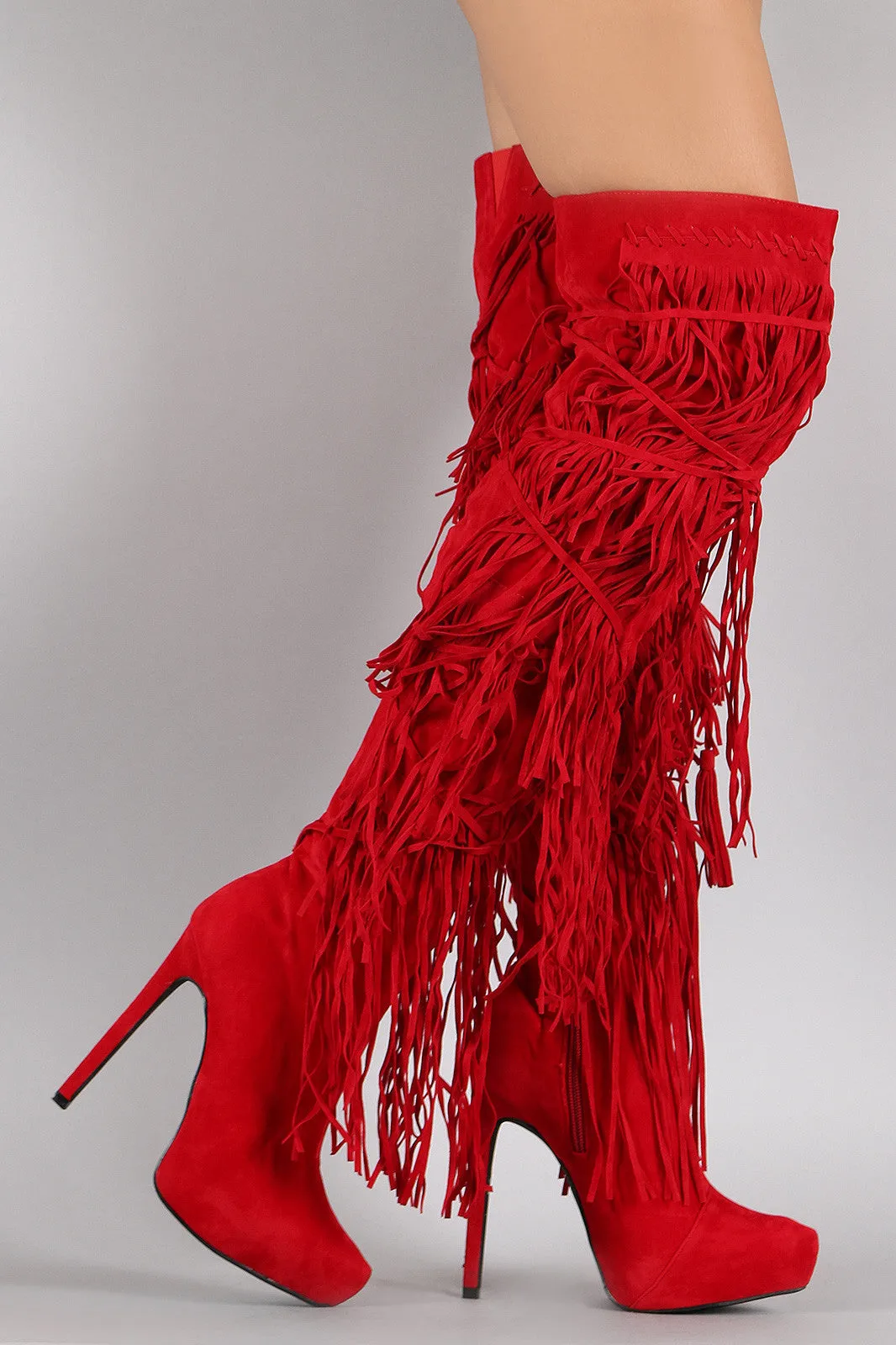 Velvet Layered Fringe Pointy Toe Over-The-Knee Stiletto Boots