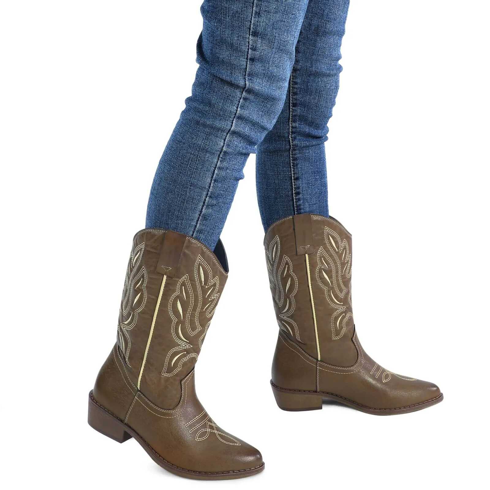 Western Cowboy Boots Embroidered Mid-Calf Pointed Toe Cowgirl Booties